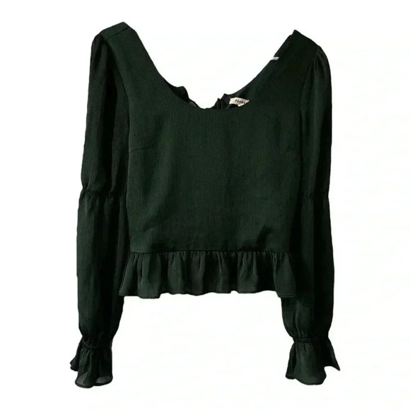 Promesa Tops - Promesa Dark Green Silky Peasant Fairy Festival Beach Cropped Blouse Size Small